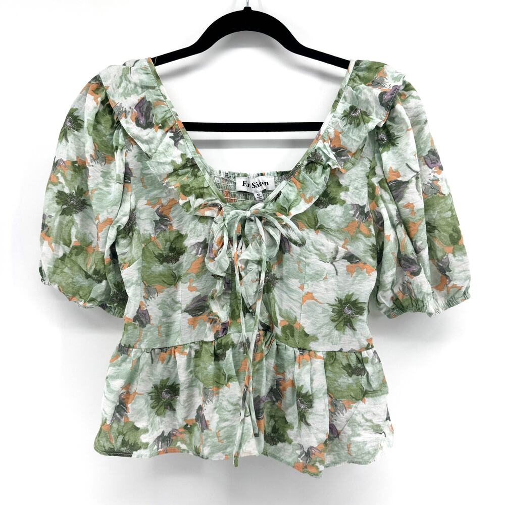 En Saison Kieran Puff Sleeve Blouse Size Medium Peplum Floral Cottagecore Smock - Picture 2 of 5